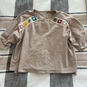 DAVI & DANI Tan Sweatshirt with Colorful Crochet Accents